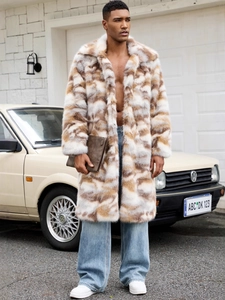 Manteau long pour homme en fausse fourrure beige avec motif marbre et peluche