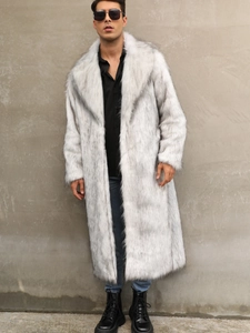 Men's long faux fur coat in grey and black texture with lapel collar for winter fashion