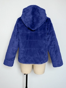 Detail view of the royal blue faux fur jacket hood and textured horizontal stitching