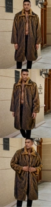 Detailed views of men's faux fur long coat featuring brown animal print texture and lapel
