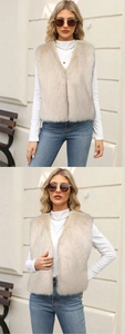 Detail of the soft faux fur texture and sleeveless design on a beige winter vest