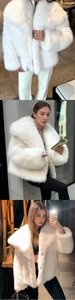 Detail of white faux fur coat with oversized lapels and fluffy texture for winter