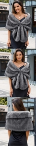Three-way view of a grey faux fox fur shawl wrap showing front, side, and back styling