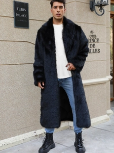 Luxurious long black faux fur coat for men with lapel collar for winter warmth