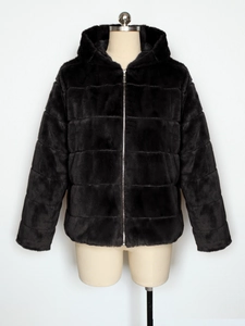 Detail of a black faux rabbit fur jacket featuring a hooded design and quilted texture