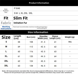Size chart for women's faux leather jacket with S to 3XL measurements and care guide
