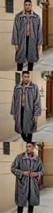 Detail of gray long faux fur coat with thick texture and lapel collar for men