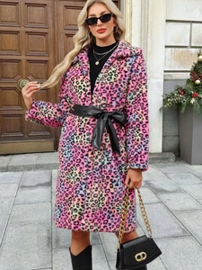 Colorful leopard print faux fur coat for women with wide lapels and black leather belt