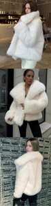 Three-way view of a white faux fur coat featuring a large lapel and plush texture