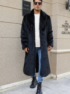 Men's premium long faux fur coat with oversized lapel in black for high fashion winter look
