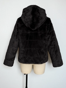 Back view showing horizontal quilted texture of black faux fur hooded jacket for women