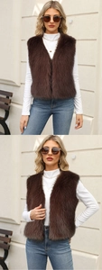 Chic dark brown faux fur vest with sleeveless design paired with casual autumn outfit