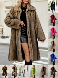 Manteau Femme Élégant Long en Fausse Fourrure Automne Hiver Chaud Revers Peluche Veste de Fourrure de Renard Synthétique Mode Slim