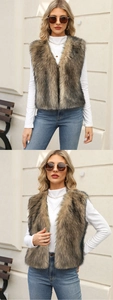 Detail of premium tan faux fur vest showing soft plush texture and sleeveless V-neck cut