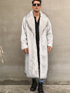 Men's long faux fur coat with white and grey wolf pattern and wide lapels for winter