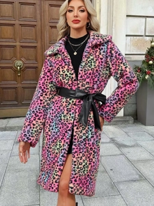Chic leopard print faux fur coat for women featuring a stylish lapel and black waist belt