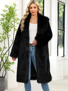 Manteau long et élégant en fausse fourrure de renard noire pour femme, idéal pour l'hiver