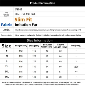 Detailed size chart for men tiger faux fur coat with length and chest measurements
