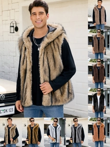 Men's Hooded Faux Fur Vest Urban Fashion Thick Warm Sleeveless Jacket Artificial Fox Fur Waistcoat Streetwear Outerwear For Men