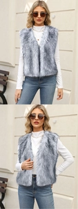 Close-up detail of plush grey and white faux fur vest with long shaggy texture
