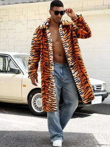 Men's winter faux fur coat with tiger stripe pattern and classic lapel collar style
