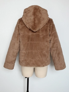 Detailed back view of brown hooded faux rabbit fur jacket with horizontal stripes
