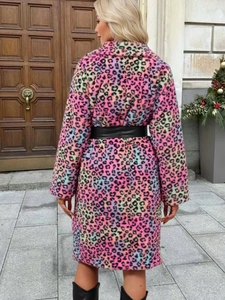 Detailed back view of a faux fur leopard print coat with a black wide waist belt