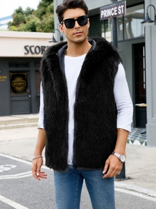 Men's stylish black faux fur hooded vest with long plush texture for winter street style