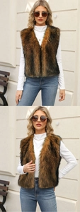 Close-up detail of mixed brown faux fur texture and layered long plush vest material