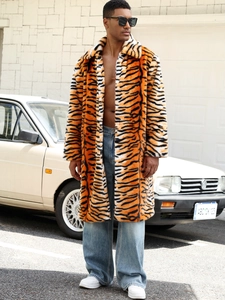 Men's stylish faux fur coat with bold orange and black tiger print and large lapels