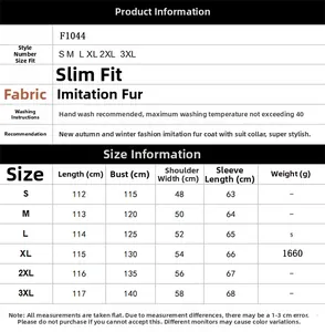 Guide des tailles détaillé pour manteau léopard en fausse fourrure homme F1044 de S à 3XL