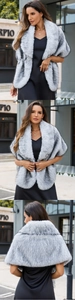 Three-way view of luxurious silver faux fox fur shawl with premium gradient texture
