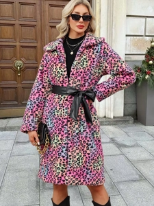 Colorful leopard print faux fur coat with wide black leather bow belt for women