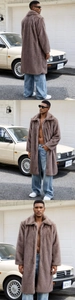 Detailed back and side view of a men's thick faux fur long coat in grey-brown color
