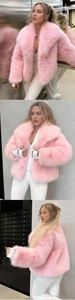 Detail of pink faux fox fur jacket with large lapels and plush texture for winter style