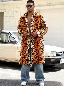 Men's tiger print faux fur coat with oversized lapels and longline street fashion cut
