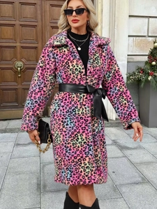 Colorful leopard print faux fur coat with lapel collar and stylish waist belt for women