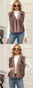 Detailed view of brown faux fur vest showing plush texture and sleeveless cardigan design