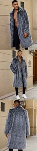 Three-way view of a long faux fur coat for men in grey-black mottled texture with lapels