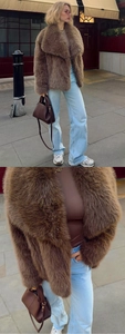 Detail view of brown faux fur texture and collar on a stylish winter coat for women