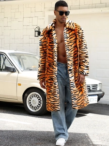 Men's faux fur tiger print long coat with lapels for winter, trendy streetwear fashion