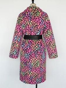 Detail view of colorful leopard print faux fur coat with black leather waist belt