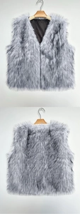 Front and back view of long grey faux fur vest with V-neckline and gradient plush texture