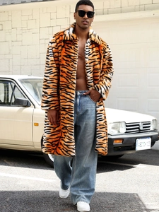 Men's long faux fur tiger print coat with lapel collar for a stylish winter street look