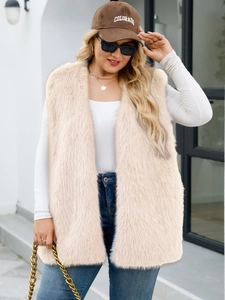 Chic light beige long faux fur vest with sleeveless open-front design for a modern urban look