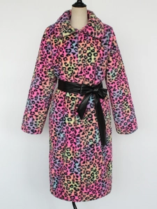 Detailed close-up of rainbow leopard print faux fur coat with a black leather belt