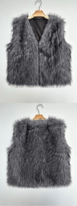 Detailed front and back view of dark grey faux fur vest with soft plush texture