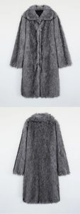 Front and back view of long faux fur coat in grey with a stylish lapel collar