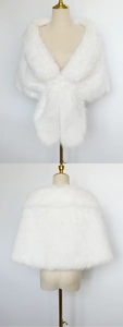 Front and back view of elegant white faux fur bridal shawl for weddings and gala events