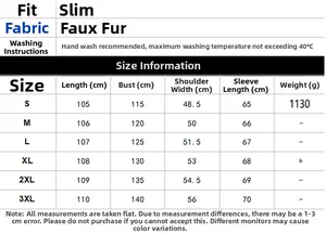 Detailed size chart for men's faux fur coat with measurements from S to 3XL